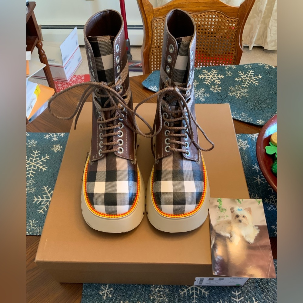 Burberry Mason Check Coated Canvas Platform Combat Boots. US 9 EU 39.